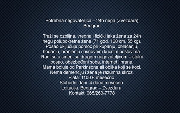 Potrebna negovateljica – 24h nega (Zvezdara) Beograd